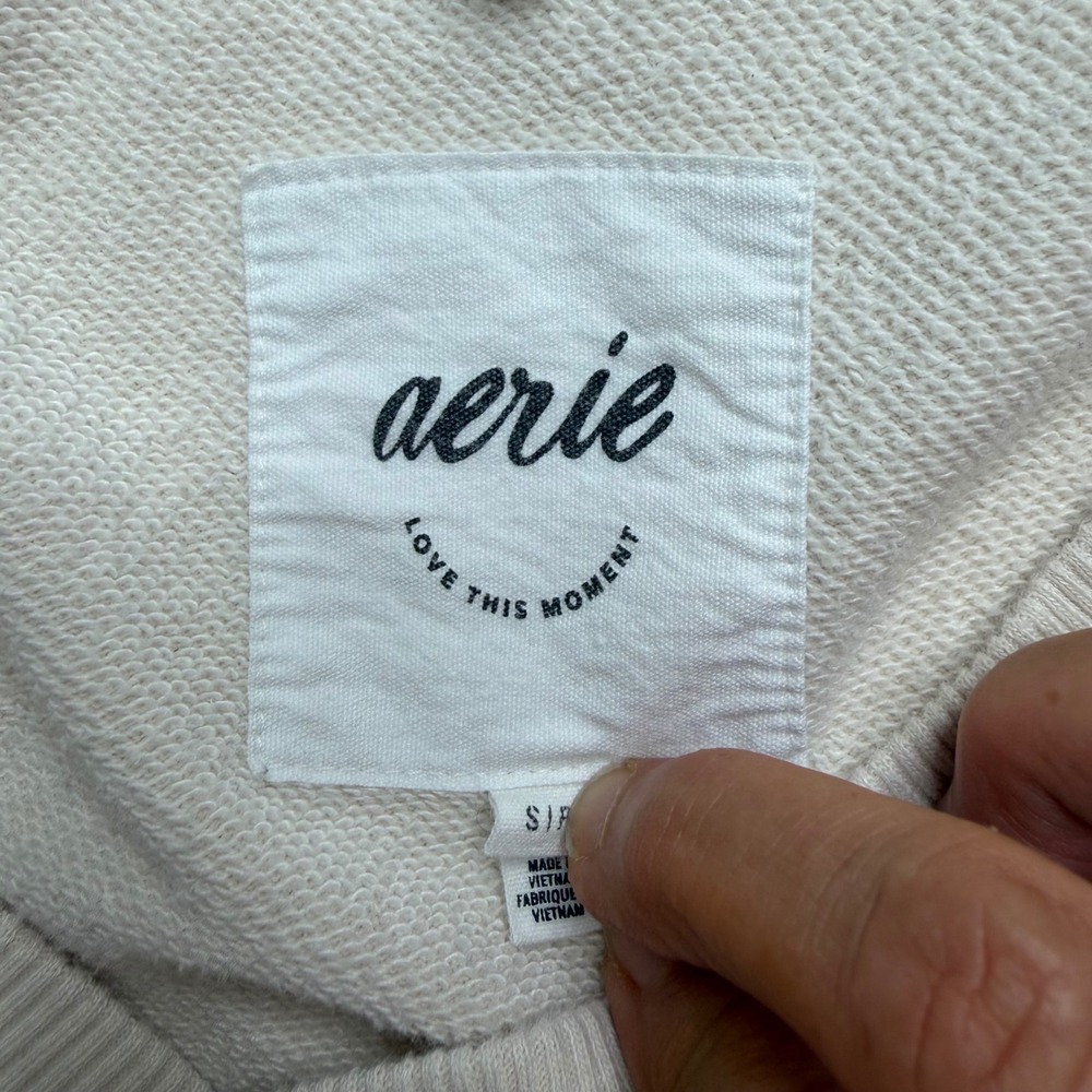 Aerie Sweatshirt Women Small Cream V-Neck Cropped Fleece Pullover Minimalist - Picture 3 of 8